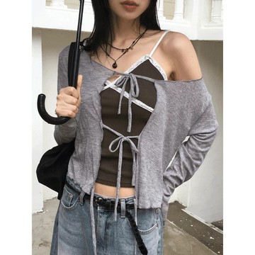 Codibook｜韓國 wonderwonder 烏芷荷肩設計綁帶罩衫外套［預購］針織外套 女裝