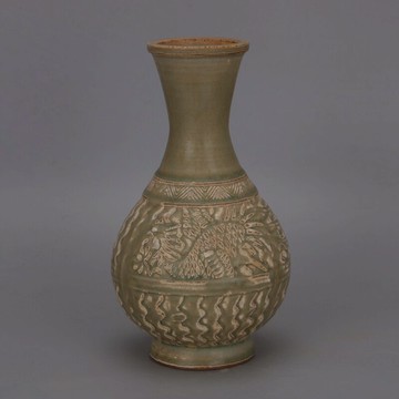 漢代越窯青釉刻花鳳紋蒜頭瓶 仿古出土舊貨瓷器手工瓷古典收藏品