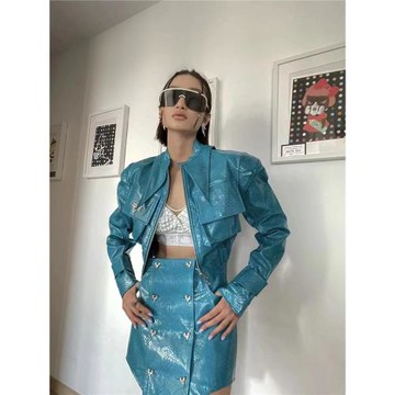 特價0002集合M0321藍色尖領多口袋拉鏈皮衣短夾克外套