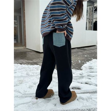 ACRAB 秋冬美式彎刀加絨加厚撞色黑色衛褲運動褲闊腿休閑褲長褲女