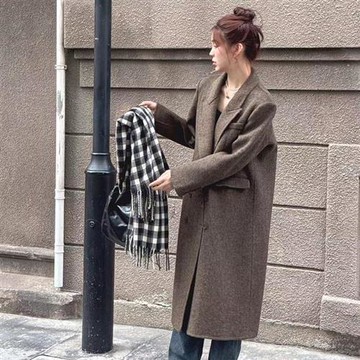 【巴黎精品】羊毛大衣毛呢外套-人字紋雙面絨雙排扣過膝長款顯瘦西裝領女外套3色a1ik17