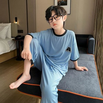 Healthy baby 夏季新款冰絲兒童家居服男童中大童休閒舒適空調服時尚睡衣兩件套 男童家居服 男童睡衣