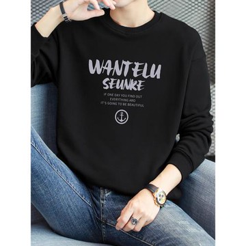 320g重磅圓領衛衣男春秋款黑色寬松潮流印花套頭無帽加絨長袖t恤