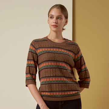 CLL巧玲瓏 俏麗小花圖騰七分袖針織上衣 3798841