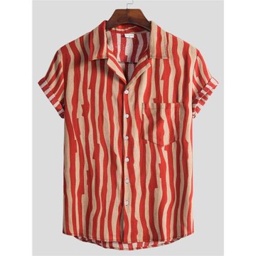 潮流薄款短袖襯衣男2023夏歐美條紋花襯衫立領休閑上衣Men shirt