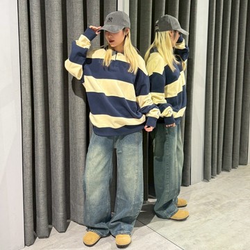 【MasCool】 Covernat 條紋 POLO領 大學T 大學踢 大學TEE 韓國代購 寬鬆