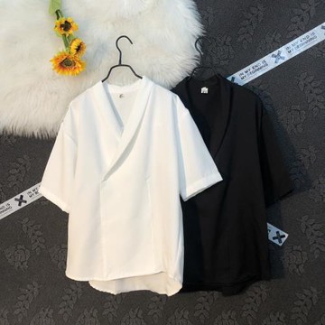 夏季冰絲短袖襯衫男設計高級感上衣男中國風大碼寬松漢服襯衣男潮