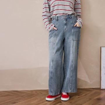 OB嚴選中大尺碼-雲朵自訂款-純棉腰頭調節廓挺牛仔寬褲《BA7909》