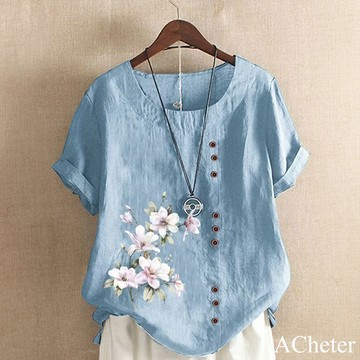 【ACheter】大碼棉麻感印花上衣寬鬆圓領短袖國畫風中長版# 121944(現貨+預購)