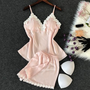 性感睡衣套裝女聚攏小胸夏季火辣成人冰絲綢帶胸墊吊帶睡褲兩件套