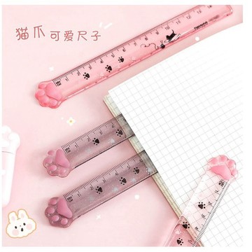 FY.軟萌可愛造型猫爪直尺、繪圖測量尺透明帶閃粉 15cm