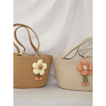 爆款單肩包休閑草編包小清新花朵編織包棉繩手提包