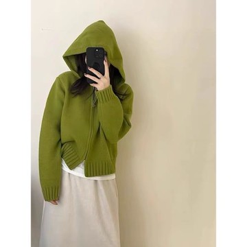 韓系雙拉鏈連帽針織開衫女秋冬多巴胺慵懶風短款毛衣外套上衣早秋