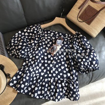 品牌折扣~外貿出口清倉尾單女裝法式印花顯瘦高腰荷葉邊方領襯衫