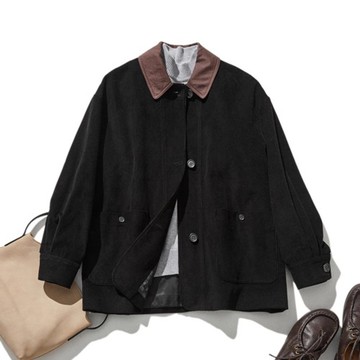 燈芯絨外套，適合多種季節穿搭，內襯設計，黑色 240910-2