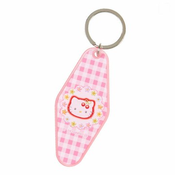 asdfkitty*KITTY 50週年紀念 復古吊牌鑰匙圈-粉方格-吊飾 掛飾-日本正版商品