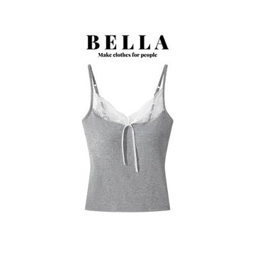 BELLA灰色蝴蝶結蕾絲吊帶背心女夏季純欲風辣妹修身內搭外穿上衣