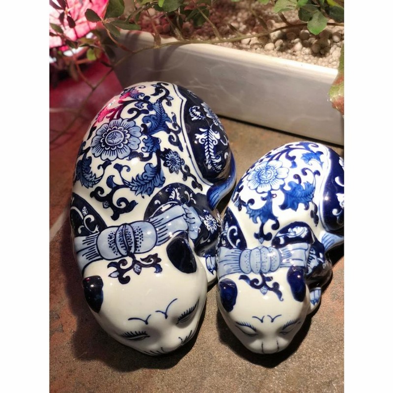 THE-SECRET-GARDEN シノワズリ ブサカワ 猫 置物 小 青白陶器
