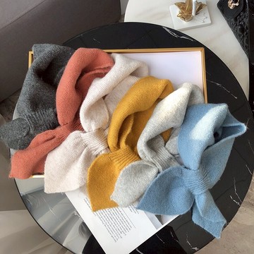 網紅同款ins針織毛線脖套交叉圍脖軟妹蝴蝶結小圍巾女秋冬季