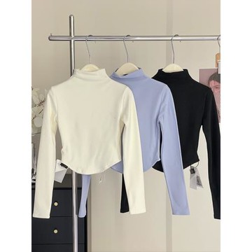 韓系半高領白色長袖t恤女秋冬新款別致內搭修身小個子打底短上衣
