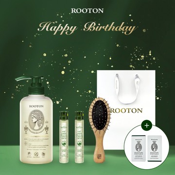 快速出貨【ROOTON】生日快樂！豐盈洗髮精500ml+綠瓶13ml x2+氣墊針梳+植萃洗髮精5ml+護髮素5ml+甦活體驗盒+燙金禮袋 (雙子座生日禮物)