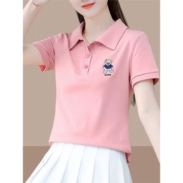 短款字母小熊刺繡翻領T恤修身顯瘦減齡夏季新款POLO領刺繡上衣女