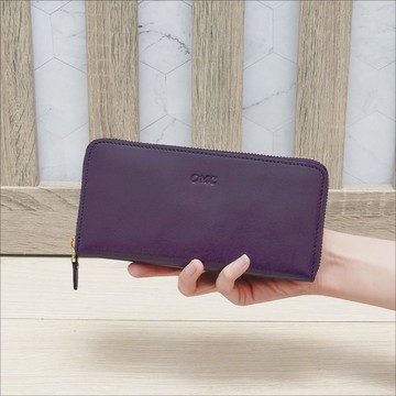 義大利植鞣革12卡1照單拉鍊牛皮長夾95111(紫色)