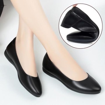 軟底工作鞋女黑色尖頭平底單鞋職業空姐女鞋軟皮舒適上班酒店皮鞋