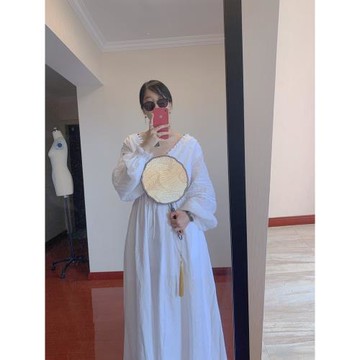 小眾設計漢服仙女森系亞麻燈籠袖長款連衣裙