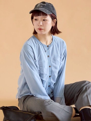 時髦分層薄紗褶皺設計排釦圓領上衣(0F001115710) - ehka sopo