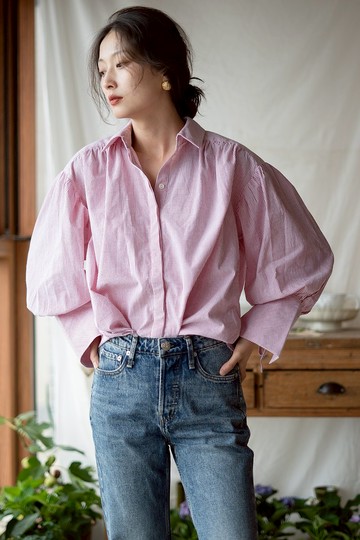 簡潔條紋蓬鬆襯衫 前開襟上衣