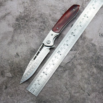 鍛打大馬士革鋼摺疊小刀 防身鋒利手工折刀 野營求生水果刀