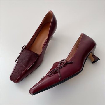 大瓶 法式復古~！超美酒紅色真皮馬毛方頭蝴蝶結中粗跟淺口單鞋女