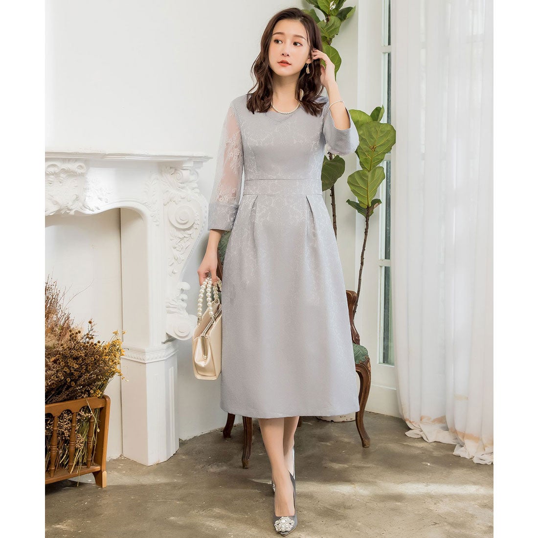 ドレスプラス DRESS+ ダマスク柄ミモレ丈結婚式パーティードレス (グレー) 通販 LINEポイント最大1.0%GET LINEショッピング パーティードレス 演奏会ドレス Aラインドレス 韓国 結婚式 ロング グレー