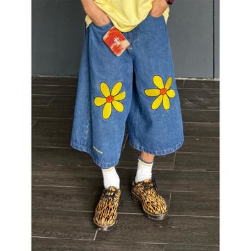 EAHO自制小花刺繡牛仔短褲男女直筒闊腿休閑百搭情侶夏季七分褲