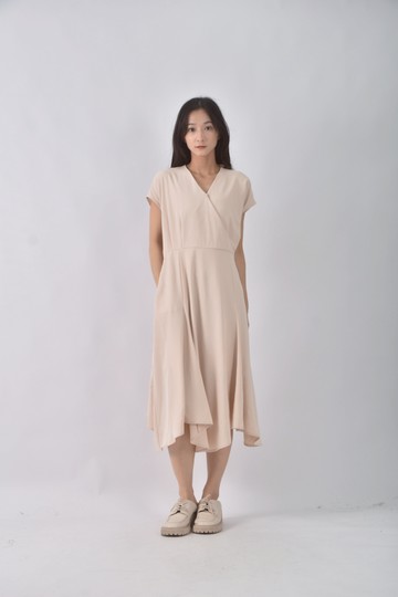 (L) seoul mate質感棉質V領杏色洋裝