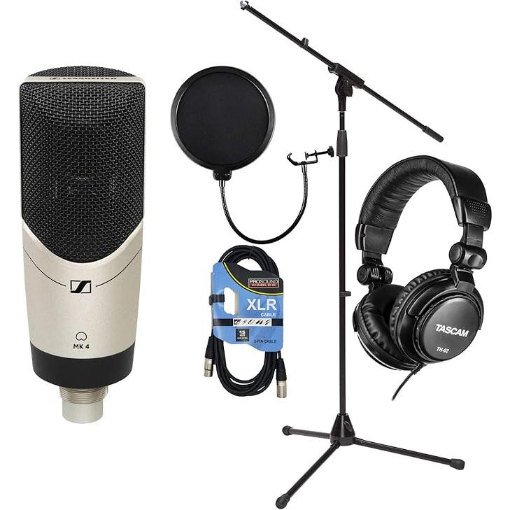 Sennheiser MK Studio Condenser Mic, Mic Stand, Pop Filter, Tascam TH02, XLR Cable Bundle