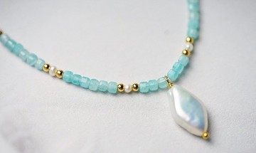 純手工14K包金繞線天河石珍珠項鍊 可調節長短