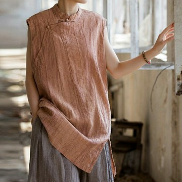 現貨+預購 新中式背心棉麻上衣手工亞麻無袖夏季女裝短袖大尺碼-無袖扎染盤扣女上衣4色74lw5【獨家進口】【米蘭精品】