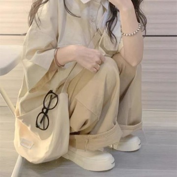 超好看女童套裝夏季米白短袖襯衫2025新款中大童獨特漂亮闊腿褲子