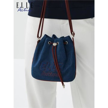 ELLE Active時尚潮流女包仿牛仔抽繩水桶包高級感氣質單肩斜挎包