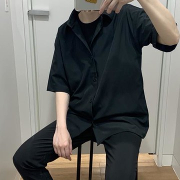 夏季薄款黑色短袖襯衫男士高級冰絲垂感寬松韓版純色流行百搭襯衣
