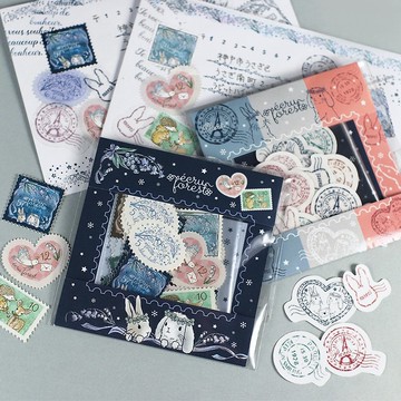 特色貼紙兩款組合 郵票風格・郵戳風格 搭配日期印章 兔子 ecru forest 適用於信件、卡片、手帳 描圖紙半透明貼紙 兔子