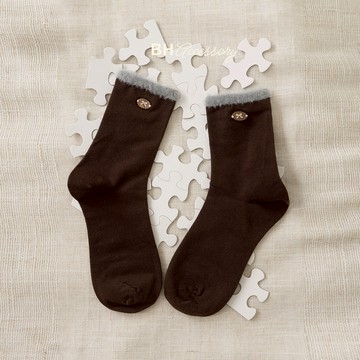 BYHUE lilicoco  柔軟小絨毛撞色滾邊中筒襪－咖