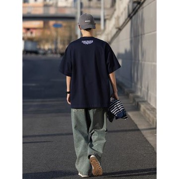 FOSONBR藏青色T恤男短袖純棉260g重磅寬松廓形青年美式休閑男裝潮