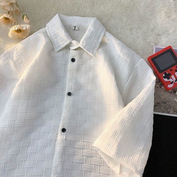 【三十二歲】臺灣出貨帥五分夏季短袖港風日系男衣服休閒潮牌薄華夫格袖胖子襯衫ins大