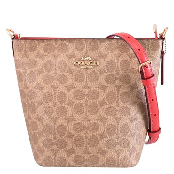 COACH 金屬馬車LOGO滿版印花皮革斜背水桶包.駝/紅