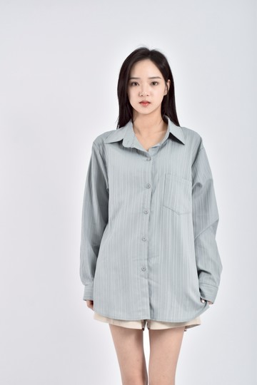 加購優惠(XL) fashion wearing質感條紋翻領排扣藍色襯衫上衣