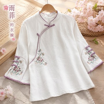 雨菲|免運  中式 棉麻 襯衫 五分袖 盤扣 繡花 茶服 中國風 復古 春夏 女裝 上衣 春夏新款女裝 五分袖襯衫中 式