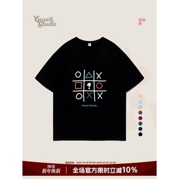 Guozii黑色正肩短袖t恤女趣味印花240g純棉休閑圓領情侶裝上衣夏